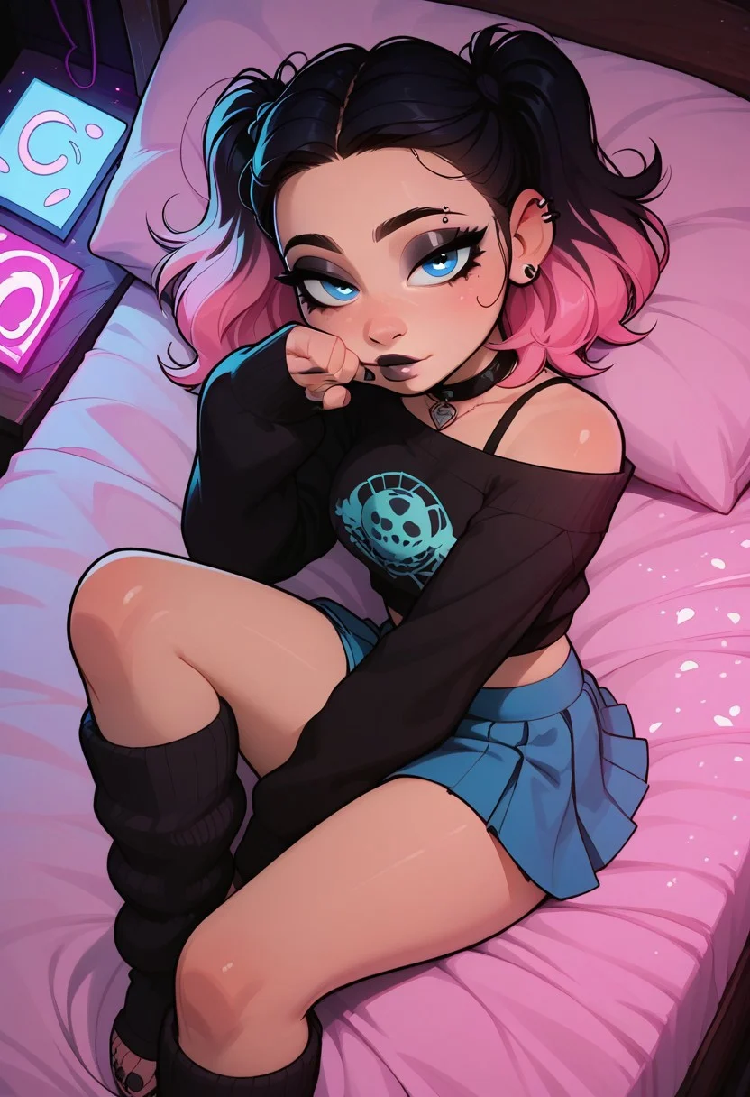 score_9, score_8_up, score_7_up, score_6_up, 1girl, emberlynn pinkle, hikikomori, solo, clean, pristine, fresh, perfect, brand new, skinny, neat curled twintails, pink hair, neon gradient hair, colorful hair, (black and pastel outfit), cropped tank top, clothed, clothes with neon highlights, ((pastel goth)), blue eyes, cute, pink and blue skirt, knee length shirt, black and blue leg warmers, feet, high angle, perky breasts, plump, tight body, painted nails, lying on side, Reclining Buddha position, on bed, facing viewer, Odalisque pose, neon, dramatic lighting, pretty girl, close up, sleepy, looking at viewer, bedroom eyes, seductive, (intense pleasure:-0.1), (writhing:-0.1), neon lights reflecting off shiny skin,
