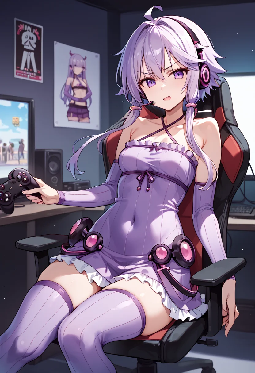 score_9_up, score_8_up, score_7_up,
<lora:YuzukiYukari_Uzai_V1:1>
yuzuki yukari, purple eyes, purple hair, ahoge, bangs, short hair with long locks, hair intakes, hair ornament, small breasts,
collarbone, criss-cross halter, breasts, halterneck, covered navel, bare shoulders,
sleeveless dress, purple dress, halter dress, Long sleeve, purple sleeve, zettai ryouiki, ribbon, thighs, sleeveless, purple thighhighs, frills,
Angry Video Game Nerd,
Streamer room, gaming chair, gaming PC, game equipment, controller, TV monitor, PC monitor, headphones, headset, anime poster, game poster,
(mature female:1), huge brests:1,