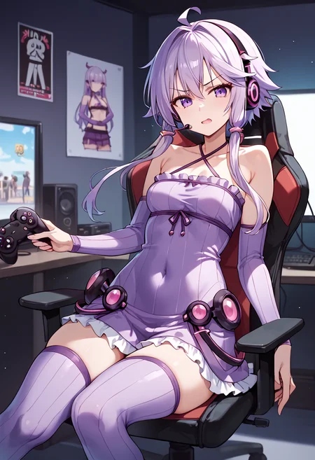 score_9_up, score_8_up, score_7_up,
<lora:YuzukiYukari_Uzai_V1:1>
yuzuki yukari, purple eyes, purple hair, ahoge, bangs, short hair with long locks, hair intakes, hair ornament, small breasts,
collarbone, criss-cross halter, breasts, halterneck, covered navel, bare shoulders,
sleeveless dress, purple dress, halter dress, Long sleeve, purple sleeve, zettai ryouiki, ribbon, thighs, sleeveless, purple thighhighs, frills,
Angry Video Game Nerd,
Streamer room, gaming chair, gaming PC, game equipment, controller, TV monitor, PC monitor, headphones, headset, anime poster, game poster,
(mature female:1), huge brests:1,