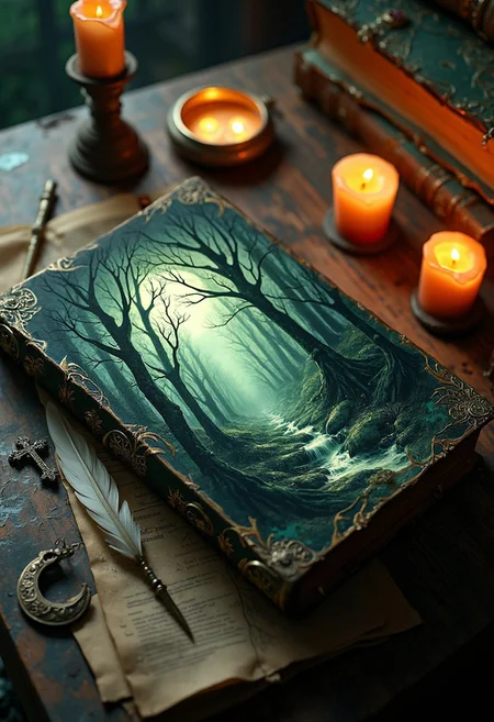 Depict an ancient, mystical book resting on a weathered wooden table in a dimly lit, magical setting. The book’s aged, cracked leather cover features a vivid illustration of a dark, enchanted forest. The forest is bathed in pale moonlight, its gnarled, leafless trees stretching their roots over a mossy forest floor. A winding stream cascades through the scene, forming miniature waterfalls that glisten in the ethereal light. The artwork appears seamlessly embedded into the book’s leather, as if enchanted.
Surrounding the book are atmospheric details: a few melted candles in ornate brass holders cast a warm, flickering glow, their light illuminating a delicate silver crescent moon amulet and a tarnished crucifix nearby. A quill and inkwell sit alongside aged scrolls and weathered tomes, their faded gold lettering hinting at centuries of knowledge. The table is rich with textures, its surface scattered with dust and faint scratches.
In the background, soft-focus silhouettes of other magical artifacts and books hint at a scholar or mage’s workspace. The color palette balances moody greens and browns with the warm golden glow of candlelight and the silvery sheen of moonlight. The scene exudes mystery and timeless enchantment, inviting viewers to imagine the secrets hidden within the tome’s pages.