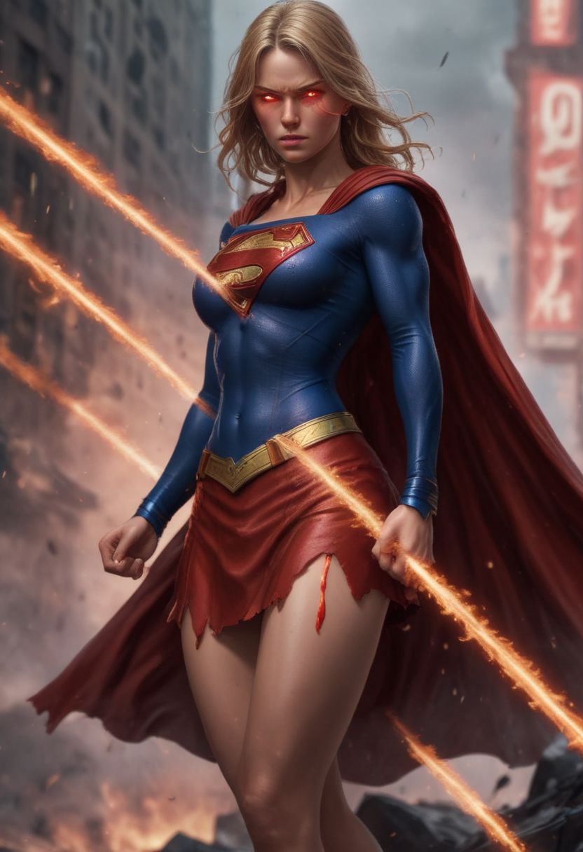 High resolution ultra-realistic of Beautiful Supergirl fighting against alien invasion, cinematic style, standing on a bloody and stormy battlefield in a fighting pose, bloody massacre, fire, realistic combat costume, red mini skirt, perfect athletic figure, wavy blonde hair, handsome dirty bloody face, beautiful perfect detailed pupils, wet oily shiny skin, beautiful firm Breasts, defiant and seductive, sexy 20 year old girl, 8k resolution concept art portrait by Greg Rutkowski, Dark Gotham City, Artgerm, WLOP, Alphonse Mucha, dynamic lighting, hyperdetailed, intricately detailed, Splash art trending on Artstation triadic colors, Unreal Engine, 5 volumetric lighting, Cinematic Lighting, intricate, smooth, sharp focus digital painting, Asymmetrical Balance, painting, dynamic lighting