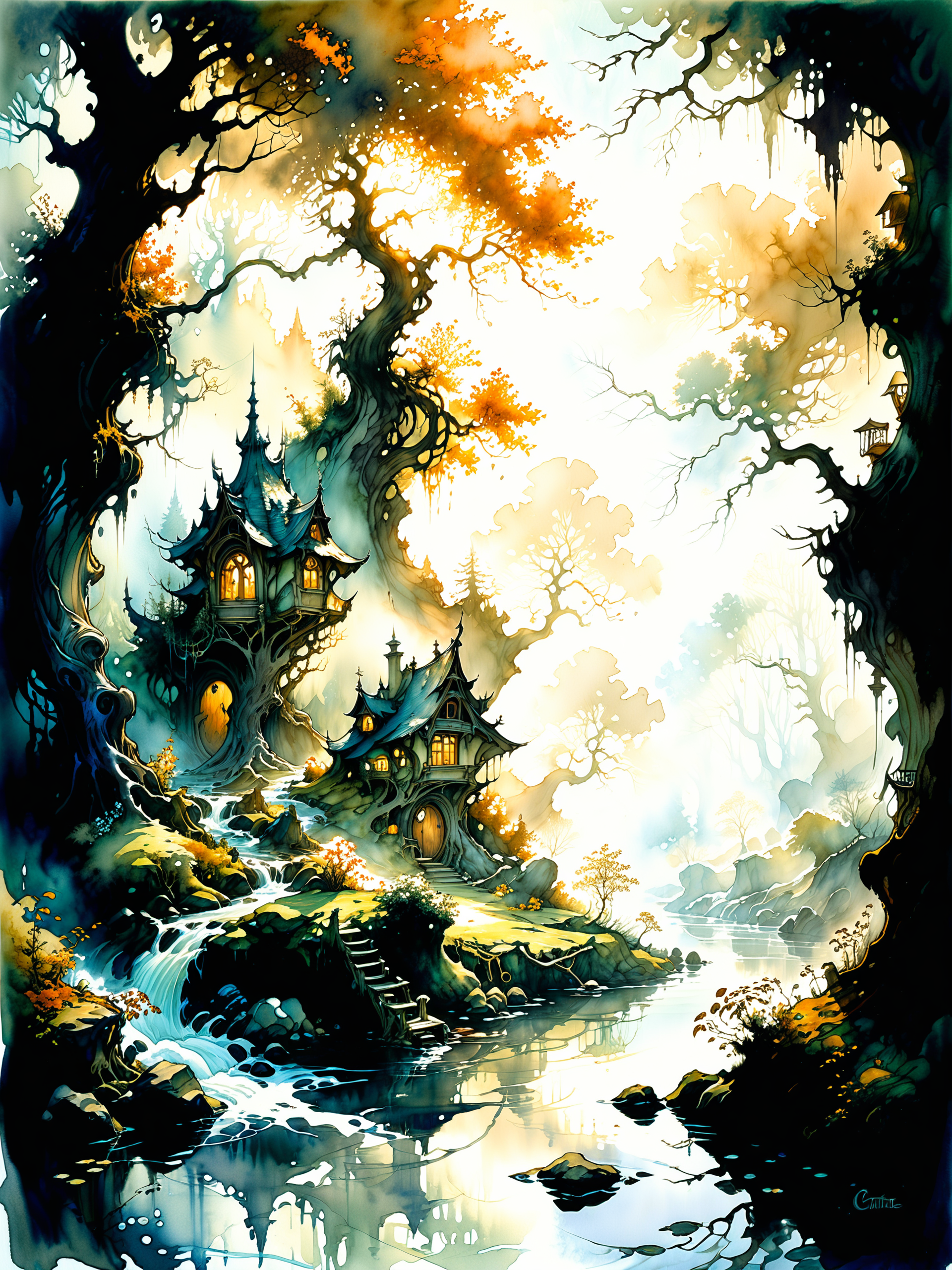 famous artwork inspired by (eric canete:1.1) and (arthur rackham:1.1), watercolor, whimsical fantasy world, a serene misty glade surrounded by gnarled trees with sprawling branches, a gentle stream flows through the scene, along the banks, whimsical homes are built into the roots of the trees, intricate, hidden fairy-tale world, highly detailed, quaint, dappled sunlight, <lora:midjourney_mimic-xl-by_andrexsel:0.6> <lora:more_artful-xl:0.64> <lora:lyco-style-envydramaticlightingxl01_digital_art-xl:0.64> <lora:envybetterhiresfixxl01-xl:0.0:hr=1.0>