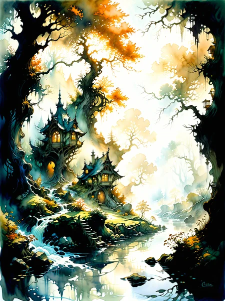 famous artwork inspired by (eric canete:1.1) and (arthur rackham:1.1), watercolor, whimsical fantasy world, a serene misty glade surrounded by gnarled trees with sprawling branches, a gentle stream flows through the scene, along the banks, whimsical homes are built into the roots of the trees, intricate, hidden fairy-tale world, highly detailed, quaint, dappled sunlight, <lora:midjourney_mimic-xl-by_andrexsel:0.6> <lora:more_artful-xl:0.64> <lora:lyco-style-envydramaticlightingxl01_digital_art-xl:0.64> <lora:envybetterhiresfixxl01-xl:0.0:hr=1.0>