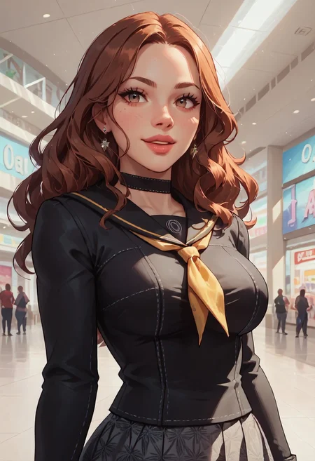 score_9, score_8_up, score_7_up, score_6_up, score_5_up, score_4_up, masterpiece, perfect face, perfect eyes, 4ng3l face,Expressiveh, at the mall,vibrant lighting, 1 beautiful mature woman, ((25 years old)),1 girl,aip4, brown hair, long hair, messy hair, earrings, black choker, black serafuku, grey skirt, pantyhose, large breasts,big cleavage, standing, sexy pose, happy face, closeup shot