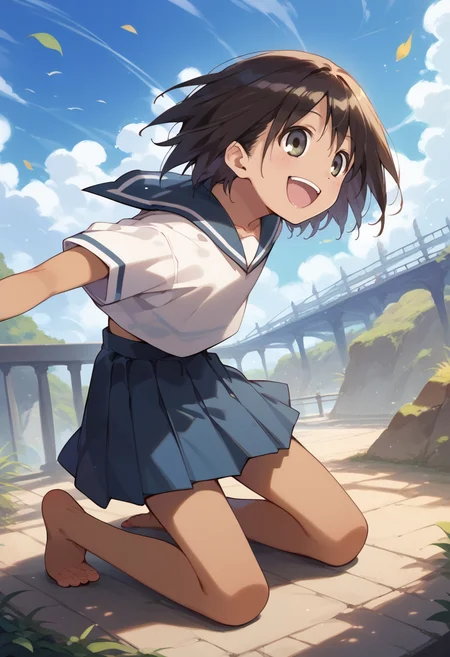 score_9, score_8_up, score_7_up, best quality, masterpiece, source_anime, zPDXL2, BREAK , 1girl, solo,  sekiuchi maria tarou, serafuku, barefoot ,dark skin,  Kneeling with head thrown back ,   <lora:sekiuchi_maria_tarou:1>