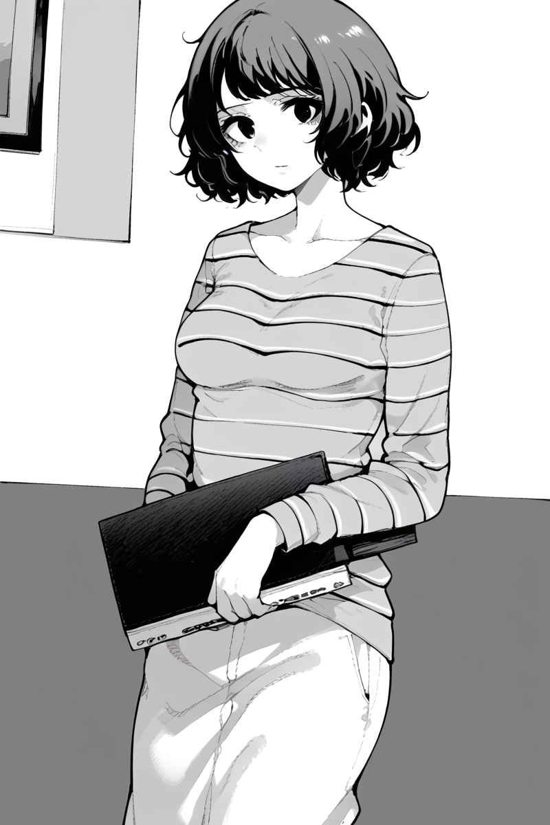 score_9, score_8_up, score_7_up, score_6_up,
 <lora:Hagi-giha_pony:1> hagi-giha, 1girl, greyscale, monochrome, solo, short hair, breasts, striped, striped shirt, medium breasts, shirt, holding, looking at viewer, collarbone, long sleeves, messy hair