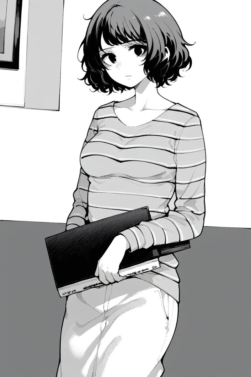 score_9, score_8_up, score_7_up, score_6_up,
<lora:Hagi-giha_pony:1> hagi-giha, 1girl, greyscale, monochrome, solo, short hair, breasts, striped, striped shirt, medium breasts, shirt, holding, looking at viewer, collarbone, long sleeves, messy hair