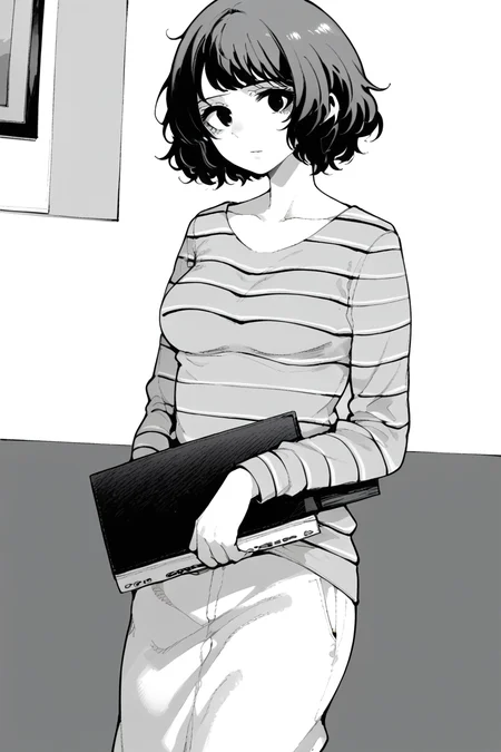 score_9, score_8_up, score_7_up, score_6_up,
<lora:Hagi-giha_pony:1> hagi-giha, 1girl, greyscale, monochrome, solo, short hair, breasts, striped, striped shirt, medium breasts, shirt, holding, looking at viewer, collarbone, long sleeves, messy hair