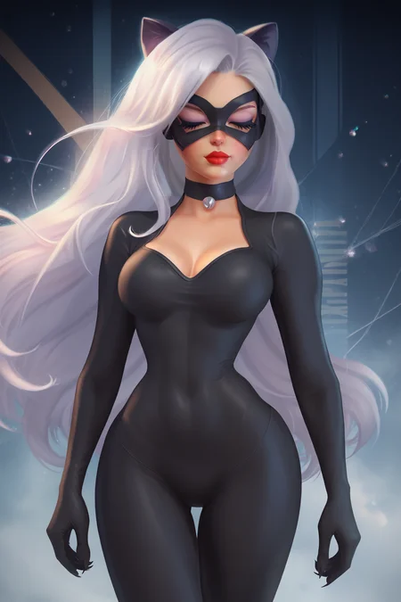 <lora:BlackCatpony10:1>,
score_9,score_8_up,score_7_up,
BlackCat,1girl,solo,long hair,breasts,bodysuit,mask,skin tight,medium breasts,makeup,black bodysuit,3Dmodel,black_cat_\(marvel\),choker,closed eyes,narrow waist,covered navel,very long hair,red lips,wide hips,cowboy shot,lipstick,lips,domino mask,cat ears,
Fabrics of clothes: technology granules,frosted wear resistance,nano fiber,carbon fiber fabric.,
The details of the clothing fabric reflect the sense of technology.,cat paws,The clothes reflect on the colorful light,very dazzling,
Black texture background with a sense of technology,backlighting,claws,