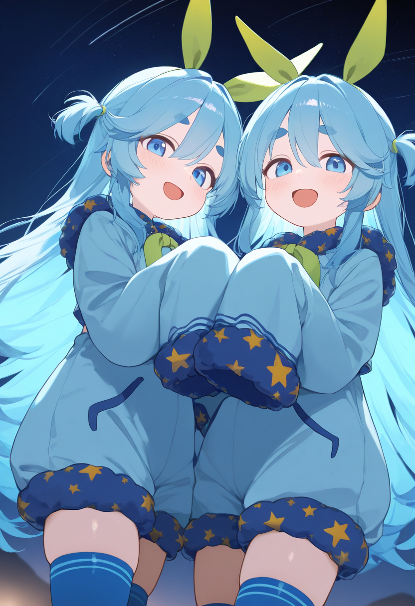 2girls,multiple girls,<lora:nearnoar:0.9>,nearnoar_sv,long hair,blue hair,blue eyes,straight_hair,green animal ears,(blue shirt:1.1),(puffy shorts:1.1),(star print:1.1),blue fur trim,green ribbon,long_sleeves,sleeves past wrists,blue thighhighs,looking_at_viewer,cowboy_shot,dynamic_angle,smile,open mouth,night,shooting_star,incredibly absurdres,masterpiece,best quality,good quality,newest,