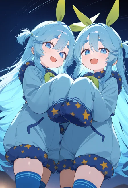 2girls,multiple girls,<lora:nearnoar:0.9>,nearnoar_sv,long hair,blue hair,blue eyes,straight_hair,green animal ears,(blue shirt:1.1),(puffy shorts:1.1),(star print:1.1),blue fur trim,green ribbon,long_sleeves,sleeves past wrists,blue thighhighs,looking_at_viewer,cowboy_shot,dynamic_angle,smile,open mouth,night,shooting_star,incredibly absurdres,masterpiece,best quality,good quality,newest,