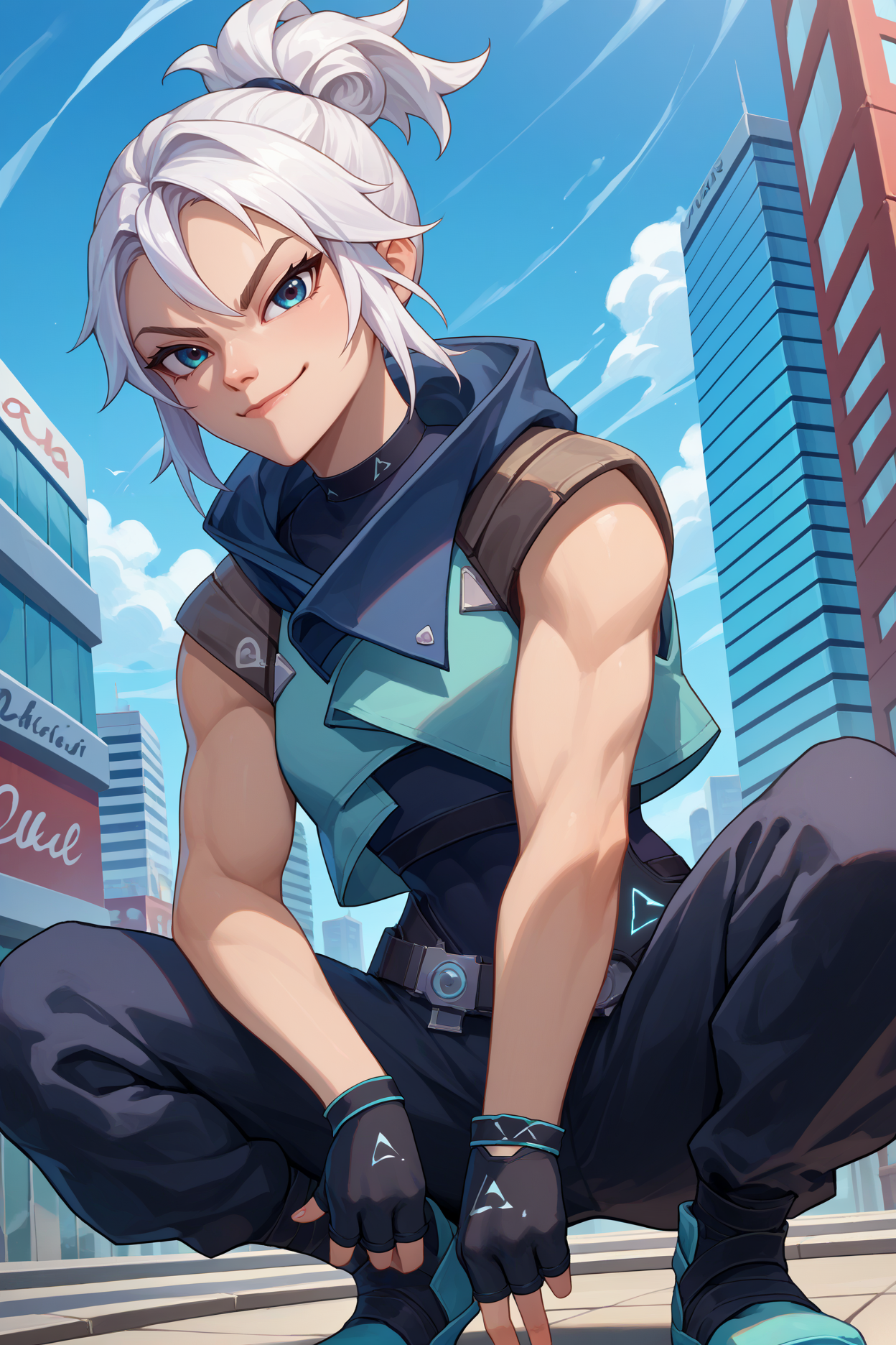 score_9, score_8_up, score_7_up, score_6_up, source_anime, 1girl, solo  <lora:valorantjett-pdxl-nvwls-v1-000005:1> valJett, white hair, short ponytail, blue jacket, sleeveless, cropped jacket, black bodysuit, belt, black pants, black gloves, fingerless gloves, looking at you, smirk, waving, blue sky, upper body, cityscape, crouching