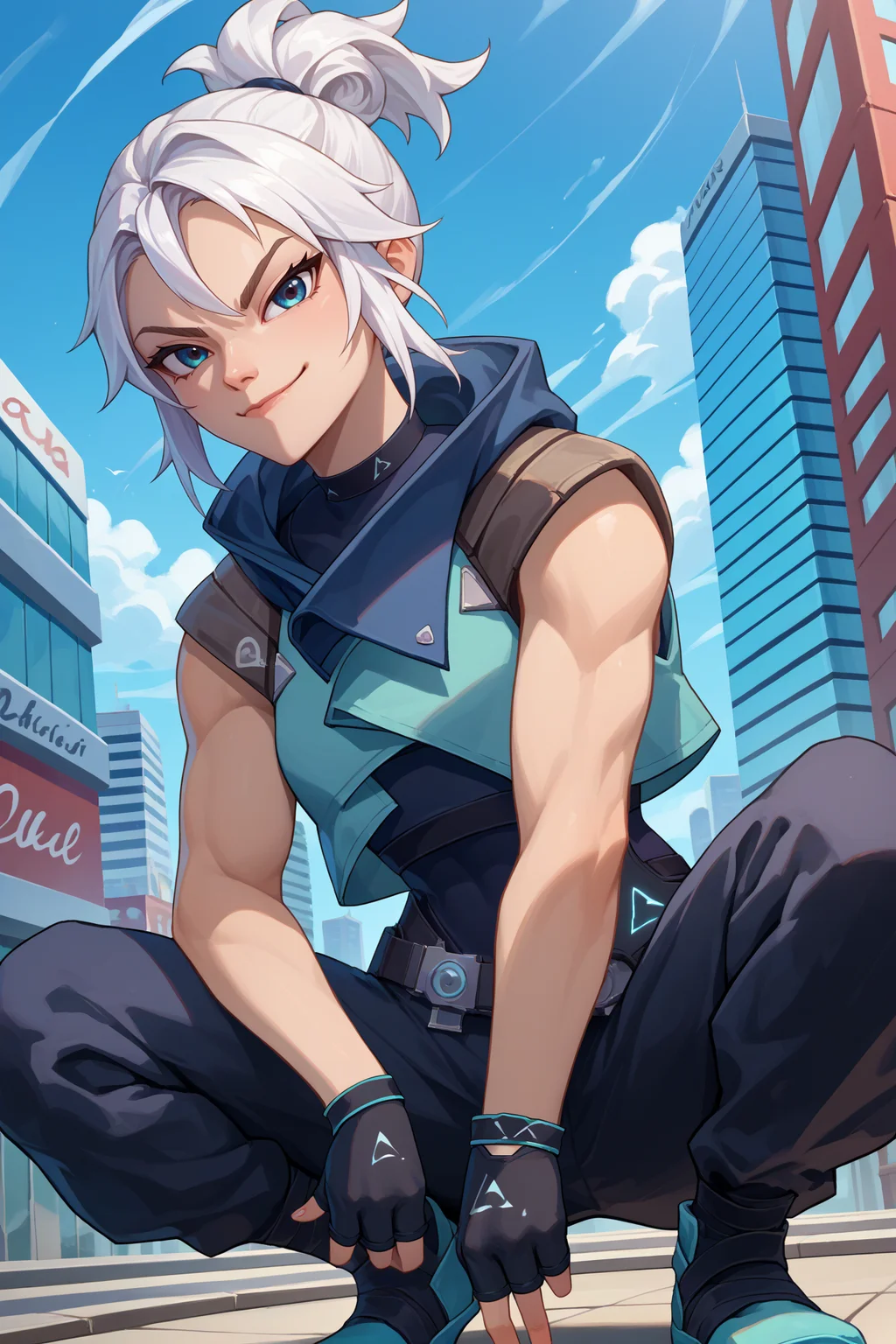 score_9, score_8_up, score_7_up, score_6_up, source_anime, 1girl, solo <lora:valorantjett-pdxl-nvwls-v1-000005:1> valJett, white hair, short ponytail, blue jacket, sleeveless, cropped jacket, black bodysuit, belt, black pants, black gloves, fingerless gloves, looking at you, smirk, waving, blue sky, upper body, cityscape, crouching