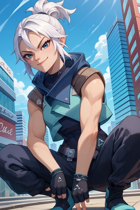 score_9, score_8_up, score_7_up, score_6_up, source_anime, 1girl, solo <lora:valorantjett-pdxl-nvwls-v1-000005:1> valJett, white hair, short ponytail, blue jacket, sleeveless, cropped jacket, black bodysuit, belt, black pants, black gloves, fingerless gloves, looking at you, smirk, waving, blue sky, upper body, cityscape, crouching
