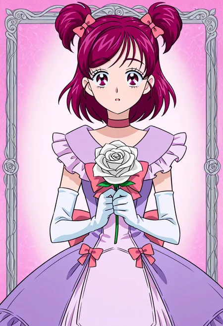 zPDXLx, mur4k4mi-ip,anime screencap, anime art style, yes precure 5, yumehara nozomi, dress, 1girl, flower, two side up, gloves, solo, pink hair, bow, rose, choker, elbow gloves, dress, eyelashes, white rose, short hair, pink bow, purple eyes, pink eyes, pink choker