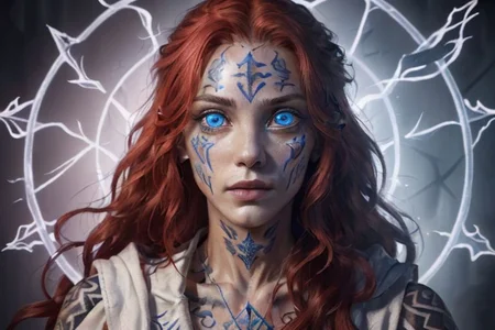 bright red hair, human female, (feminine:1.7), (beautiful face, detailed face:1.6), (beautiful eyes, detailed eyes:1.7), (looking at viewer, eye contact, intense:1.6), (long hair, red hair, curly hair:1.3), , ((masterpiece, best quality, high resolution, realistic, best quality,)), photo realistic, Perfect Face, (detailed face). <lora:GoodHands-vanilla:0.6> <lora:add-detail-xl:0.8>, mage, (Dress White military uniform coat), dagger, rune dagger, glowing runes, , (((glowing magic symbols tattoos, religious tattoos))), ((face tattoos)), glowing tattoos, stone tower in the background