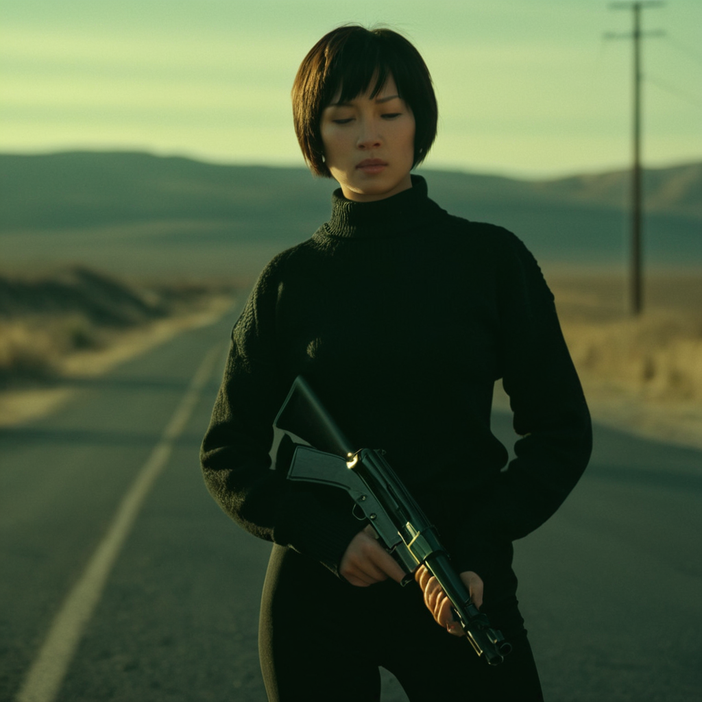 cinematic film still of  <lora:Kill Bill style:1>
Cinematic film image of O-Ren Ishii a woman in black holding a gun on a road,1girl,solo,short hair,black hair,holding,closed eyes,weapon,outdoors,sky,day,pants,holding weapon,blurry,sweater,gun,blurry background,turtleneck,holding gun,rifle,realistic,assault rifle,black sweater,kalashnikov rifle , Kodak film grain, dramatic light, dramatic shadow light, contrast, saturated color, cinematic, filmic, motion picture, realistic, realism, perfection, perfect, deep focus, clean image, Kill Bill style, Kill Bill Film Style, shallow depth of field, vignette, highly detailed, high budget, bokeh, cinemascope, moody, epic, gorgeous, film grain, grainy