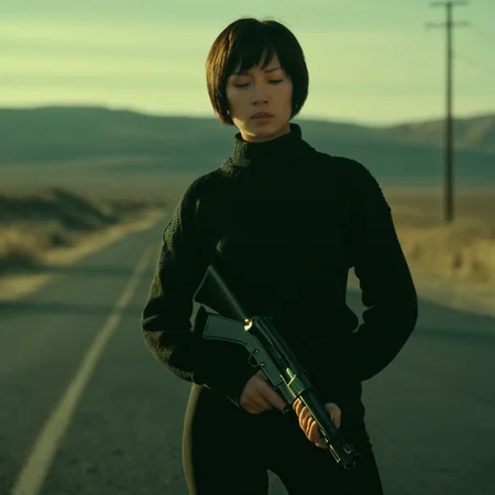 cinematic film still of  <lora:Kill Bill style:1>
Cinematic film image of O-Ren Ishii a woman in black holding a gun on a road,1girl,solo,short hair,black hair,holding,closed eyes,weapon,outdoors,sky,day,pants,holding weapon,blurry,sweater,gun,blurry background,turtleneck,holding gun,rifle,realistic,assault rifle,black sweater,kalashnikov rifle , Kodak film grain, dramatic light, dramatic shadow light, contrast, saturated color, cinematic, filmic, motion picture, realistic, realism, perfection, perfect, deep focus, clean image, Kill Bill style, Kill Bill Film Style, shallow depth of field, vignette, highly detailed, high budget, bokeh, cinemascope, moody, epic, gorgeous, film grain, grainy