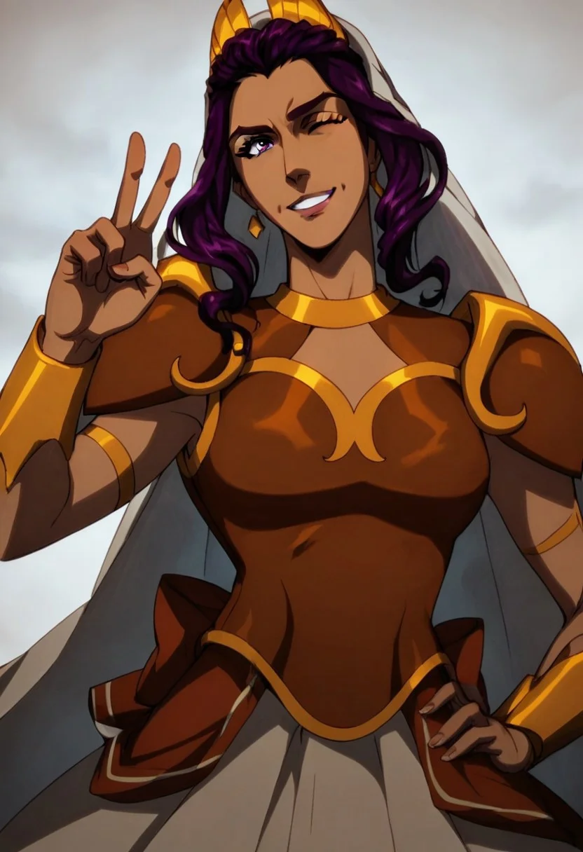 score_9,score_8_up,score_7_up,score_6_up,source anime BREAK, 1girl, hestia, purple hair, long hair, bangs, crown, veil, purple eyes, dark-skinned female, dark skin, armor, looking at viewer, solo, dynamic pose, smile, winking, one eye closed, white background, peace sign