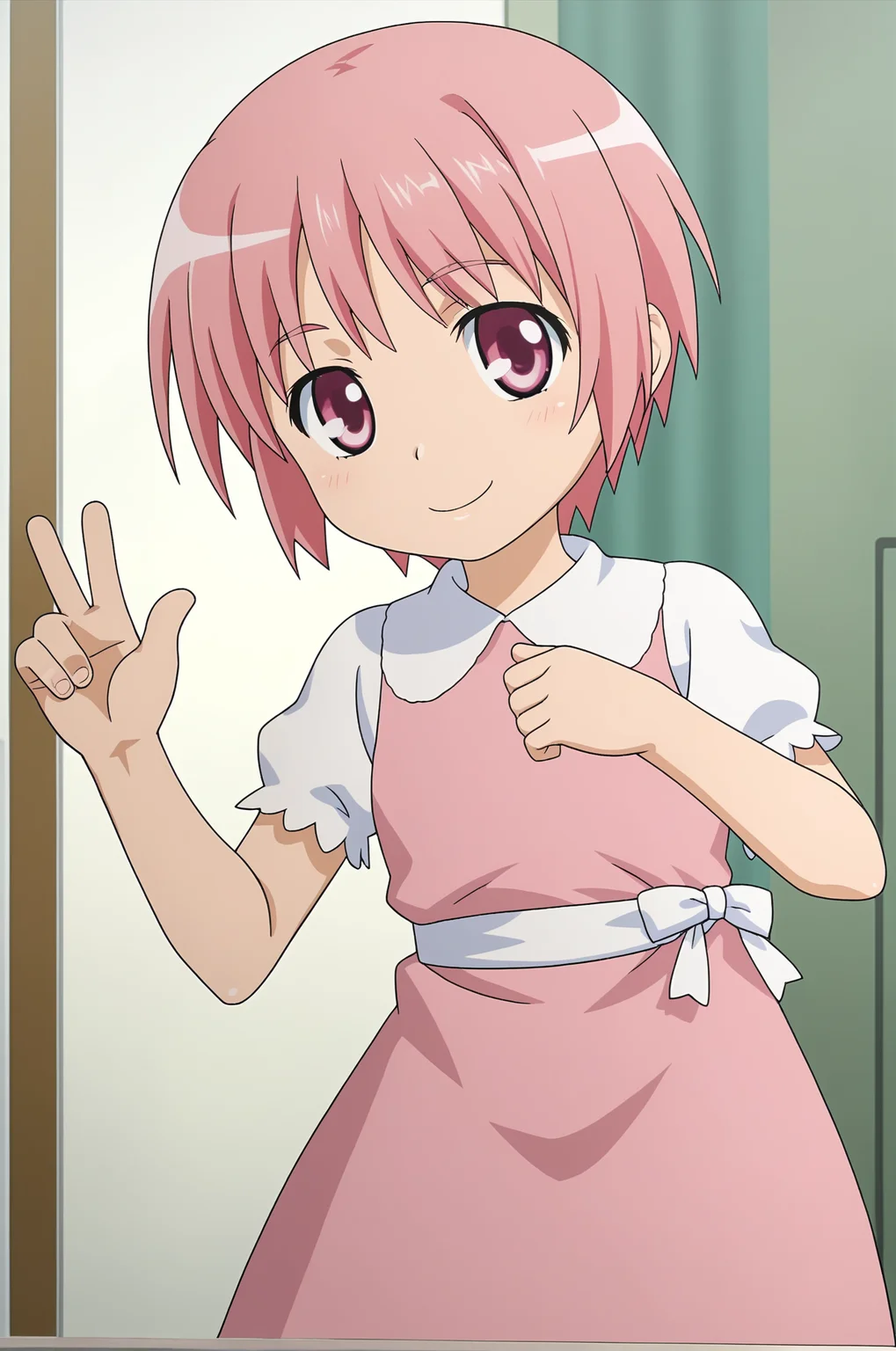 1girl, <lora:Komoe_Tsukuyomi_PonyXL_v1:1>, pink hair, short hair, pink eyes, pink dress,
