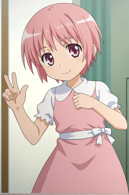 1girl, <lora:Komoe_Tsukuyomi_PonyXL_v1:1>, pink hair, short hair, pink eyes, pink dress,