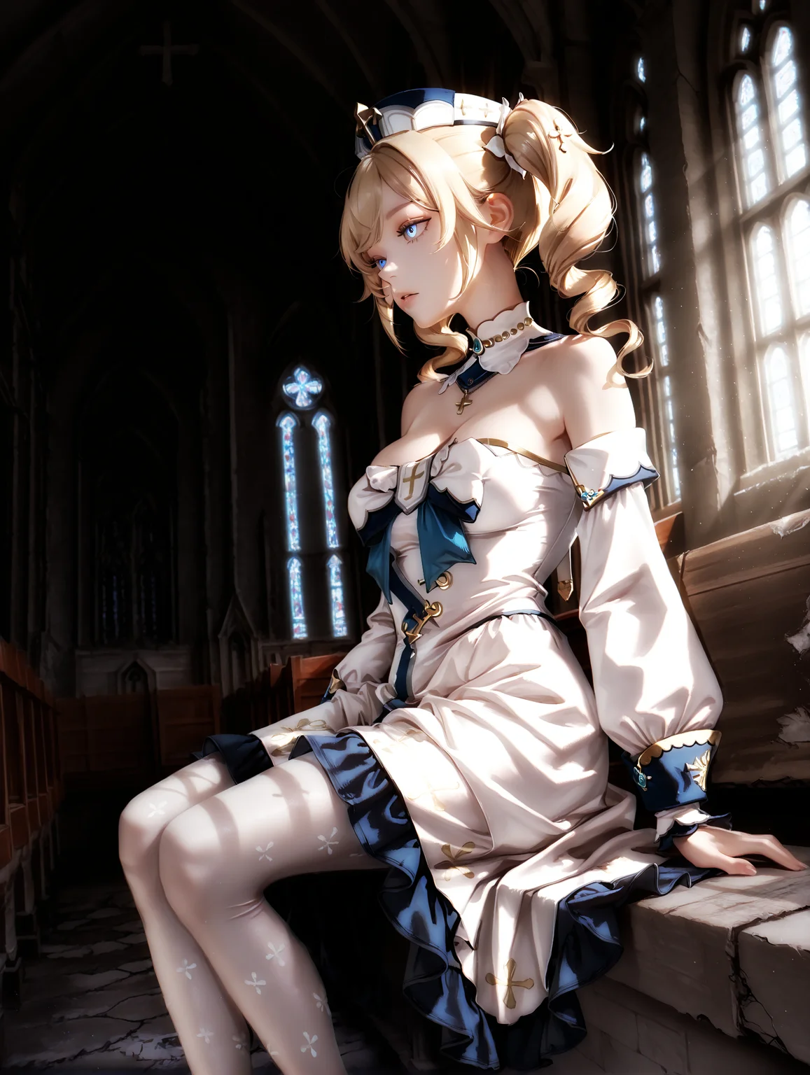 masterpiece, very aesthetic, best quality, hiper-detailed, intricate details, dramatic light, dynamic light, rich colors, solo, 21 years old, dark, darkness, imtdbadbara, 1girl, dynamic angle, from side, cowboy shot, sitting, indoor, averted eyes, church, looking away, full body, imtdbadbara, 1girl, blonde hair, twintails, blue eyes, bare shoulders, drill hair, bangs, long hair, parted lips, dress, hat, twin drills, long sleeves, detached sleeves, hair ornament, white pantyhose, realistic, white headwear, necklace, medium breast, eyelashes, detached collar, abandoned church, detailed background