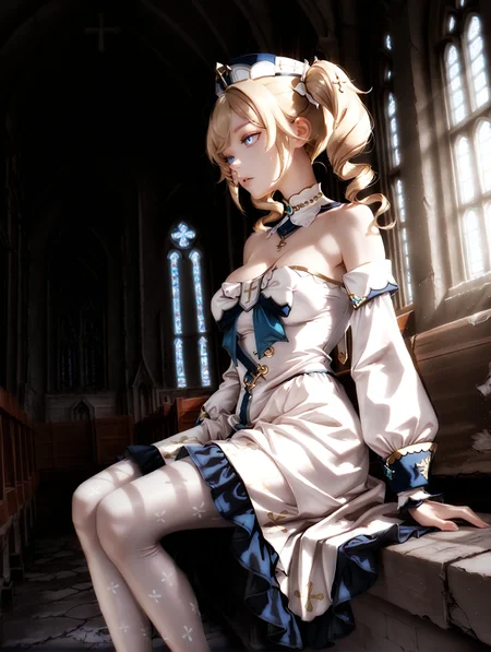 masterpiece, very aesthetic, best quality, hiper-detailed, intricate details, dramatic light, dynamic light, rich colors, solo, 21 years old, dark, darkness, imtdbadbara, 1girl, dynamic angle, from side, cowboy shot, sitting, indoor, averted eyes, church, looking away, full body, imtdbadbara, 1girl, blonde hair, twintails, blue eyes, bare shoulders, drill hair, bangs, long hair, parted lips, dress, hat, twin drills, long sleeves, detached sleeves, hair ornament, white pantyhose, realistic, white headwear, necklace, medium breast, eyelashes, detached collar, abandoned church, detailed background


