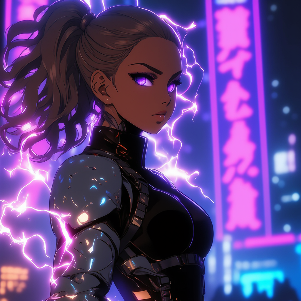 Create an intense anime-style illustration of ultra detailed cyberpunk girl with a short jacket and mechanical arms with lightning energy surrounding them, kind-hearted with a penetrating gaze, purple glow, extremely detailed and beautiful face, gorgeous body, soft copper-colored hair, ethereal, magical glow, ultra sharp focus, ethereal glowy smoke, lightning particles,  <lora:Add_More_details_Flux:0.8>   <lora:FadooStyleV2_r1:1> FADOOSTYLEV2