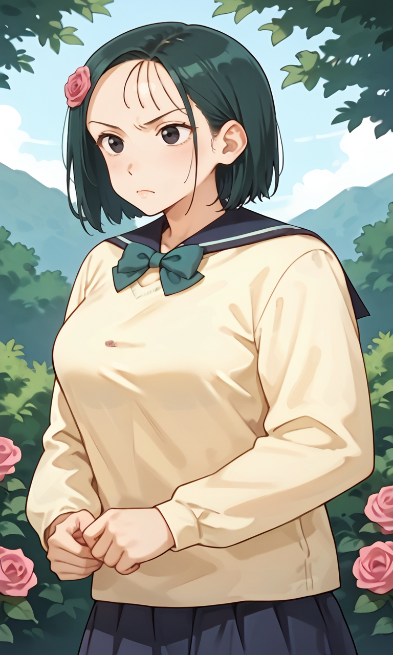 (1girl:1.5), (solo:1.3), (score_9, score_8_up, score_7_up, score_6_up, score_5_up, score_4_up), (source_anime), rating_questionable, (upper body:1.3), outdoors, bush, blue sky, keep out, keeping,
 (yellow sweater, oversized clothes, long sleeves, blue sailor collar, green bowtie, blue skirt, pleated skirt, miniskirt, white socks, black footwear), (large breasts), <lora:mari-classmate-green_v1:0.9> (mari-classmate-green), (black eyes, eyelashes, dark green hair, short hair, parted bangs, forehead, voluminous bangs, fluffy bangs, parody bangs, pink rose, hair ornament, frown, angry),  (looking away:1.3),bush over hands