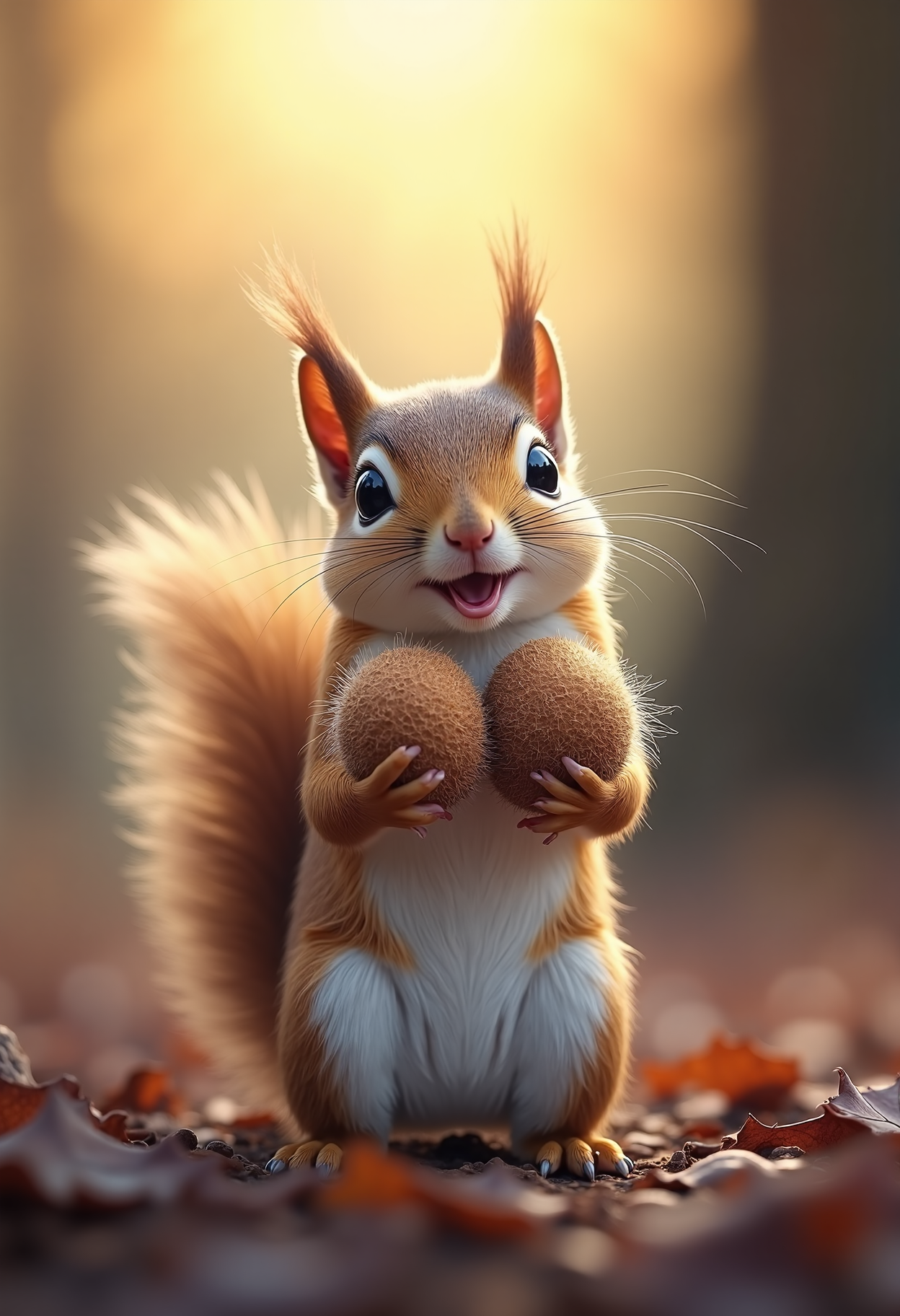 A cute little squirrel, with bright, curious eyes and a bushy tail, stands on its hind legs, cradling a pair of oversized, hairy nuts in its tiny paws. The nuts, almost comically large compared to the squirrel, are covered in a soft, fuzzy texture that contrasts with the squirrel's sleek, shiny fur. The scene is bathed in warm, golden light filtering through the trees, highlighting the squirrel's playful expression and the gentle, natural setting. The overall image exudes charm and innocence, with a touch of whimsy in the oversized nuts that the squirrel holds proudly <lora:Dever_Flux_Enhancer:0.5>
