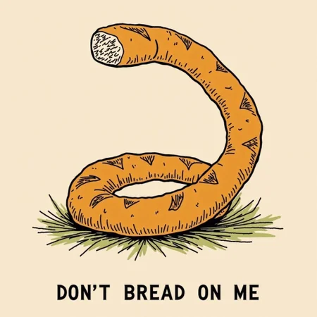 a very long baguette coiled up with the caption "don't bread on me" undeneath in the style of snek