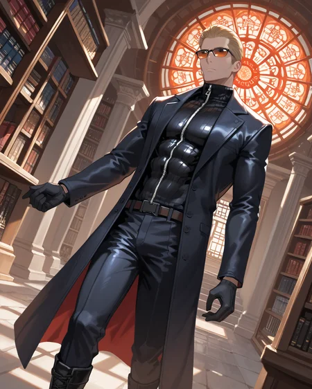 PonyScores7, source_anime, ah1, best quality, (masterpiece:1.4), (high quality:1.4), sharp focus, 4k, absurd resolution, <lora:albertwesker-guy-PONYv1:0.8> albertwesker, albert wesker, 1boy, blonde, black gloves, (sunglasses:1.3), belt, black coat, black pants, looking at viewer, toned, athletic, fit, slicked back hair, black turtleneck, zipper, mature male, (graphene textured clothes), black boots, (conflict resolution specialist, in professional attire with a conflict resolution plan and a focused look), (temple, Chamber of Secrets, Hidden chamber accessible only to the initiated, walls adorned with protective sigils and wards, shelves holding forbidden tomes locked behind iron grates, and the whisper of arcane incantations echoing through the darkness), bad-hands-5, ((Anxious expression)), <lora:xl_more_art-full_v1:0.2>, <lora:shinyskin2:0.2> glistening skin, <lora:aesthetic_anime_v1s:0.2>, <lora:Expressive_H:0.2> Expressiveh, <lora:hairdetailpxl:0.2> hairdetailpxl, <lora:detailxl:0.2> detailxl, (Dutch Angle (from the side) view Extreme Close shot (focus on head)), (focused, intense glare), slit pupils, short hair, (reddish orange eyes), best quality, amazing quality, best aesthetic, absurdres, <lora:expressive eyes:0.2> expressive eyes, <lora:eyedetailpxl:0.2> eyedetailpxl, illustration, Volumetric_Lighting, ultra-detailed, very aesthetic, intricate details, 8k, masterpiece, best_quality, (angular face, sharp_featured face), <lora:Eyes_High_Definition:0.4> EyesHD,