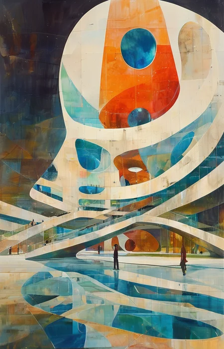 masterpiece,best quality,<lora:tbh304-sdxl:0.9>,illustration,designed by Norman Foster Postmodern corporate headquarters with playful, colorful elements reminiscent of Michael Graves