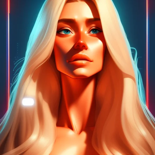 naturalism of a hunky, slight, Frightened consumer woman, Detailed, :3, with long blond hair wearing badge , digital art, highly detailed, fine detail, intricate, outrun, vaporware