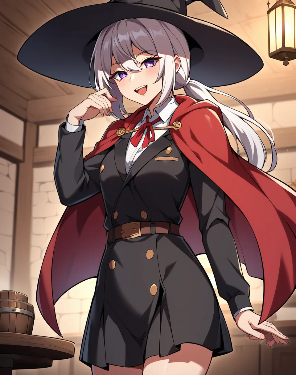 lucy_mayreel, white hair, long hair, twintails, purple eyes,  white shirt,  school uniform, red neck ribbon, black jacket, collared shirt, red cape, witch hat, manhwa, BREAK  indoors, medieval, tavern, BREAK looking at viewer, sexy face, sexy smile, open mouth, cowboy shot BREAK score_9, score_8_up, score_7_up, source_anime ,zPDXL, perfect hand,  <lora:Lucy_Mayreel_r1:0.8>
