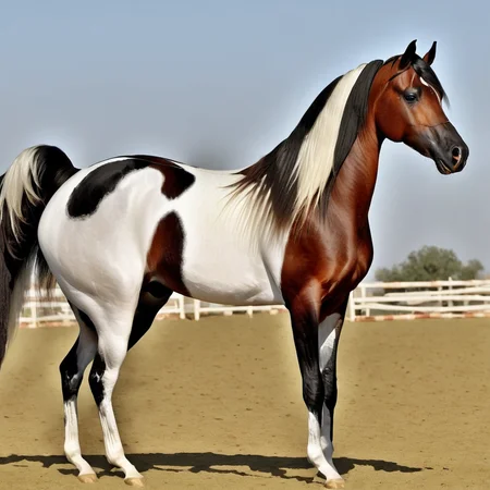 arabian horse, pinto standing, posing, full body, <lora:Horse_Breeds-000012:1>