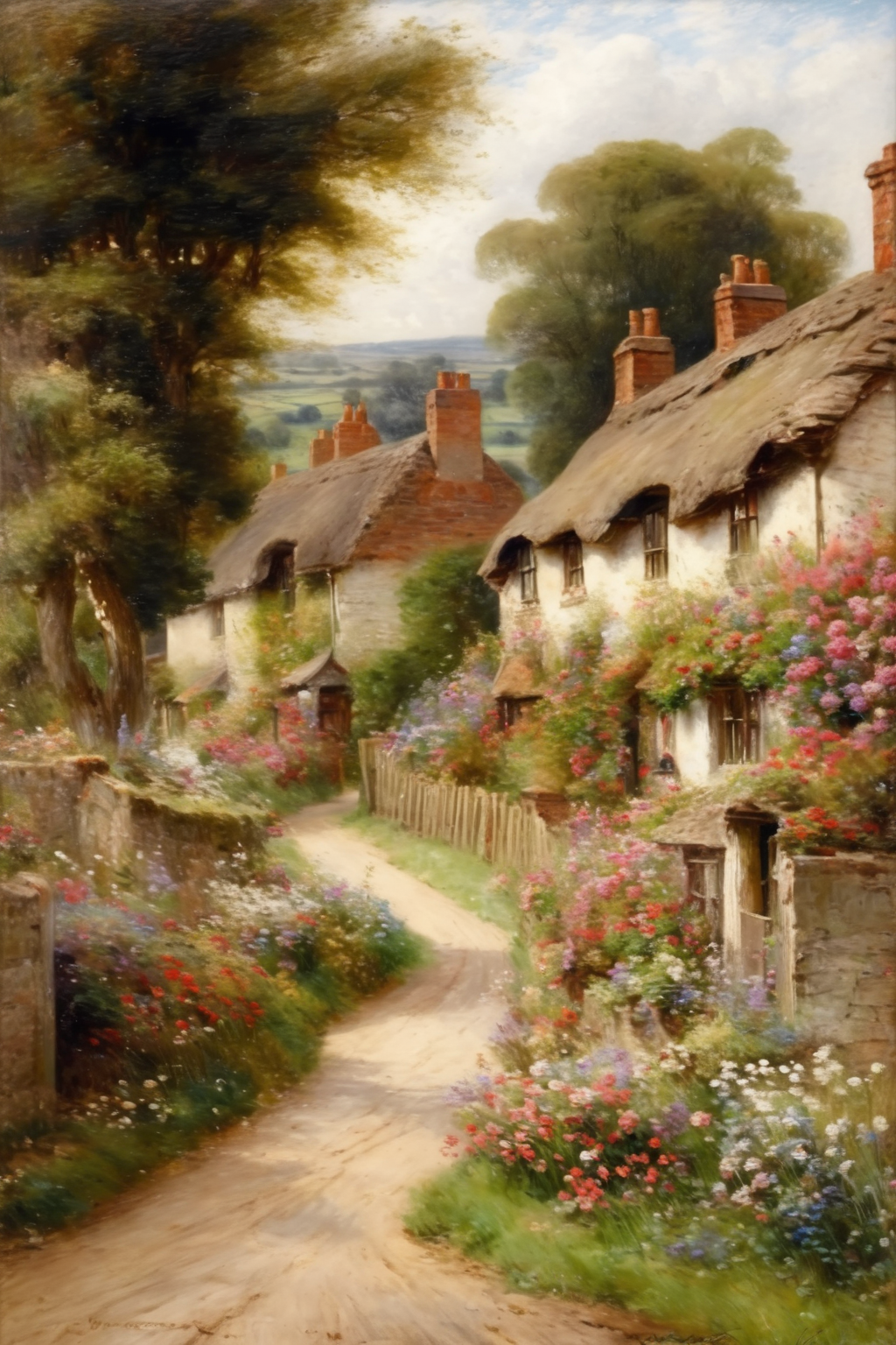 <lora:Alfred Augustus Glendening style:1>Alfred Augustus Glendening style - A picturesque country lane lined with blooming flowers and quaint cottages.