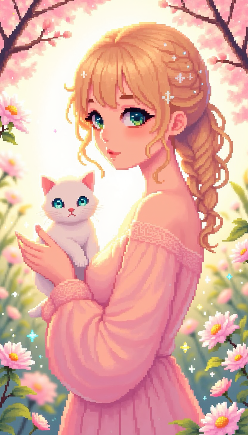 pinkpixelicious,
A woman with honey-blonde hair tied in a loose, side-swept braid, adorned with tiny pastel pink flowers. She wears a flowing, blush-colored dress with delicate lace sleeves. In her hands, she holds a tiny white kitten with heterochromatic blue and green eyes. The background is a dreamy spring garden, filled with cherry blossoms and softly glowing orbs of light.