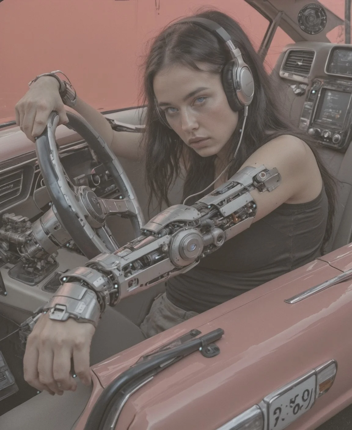 masterpiece, best quality, ultra-detailed, realistic skin, intricate details, highres,source_realistic,photograph,score_9,score_8_up,score_7_up, realism, realistic, real life, photorealistic, detailed, ealistic,photorealistic, real skin, The image depicts a young woman with long black hair and striking blue eyes, wearing a futuristic robotic arm and headphones. She is seated in a red, vintage-style car that appears to be heavily modified with mechanical components. The background is a solid pink color, creating a stark contrast with the metallic and mechanical elements in the foreground. The woman's expression is focused and slightly concerned, as she leans on the car's steering wheel, suggesting the artist's signature or brand. The overall scene has a cyberpunk aesthetic, blending human and machine elements seamlessly.