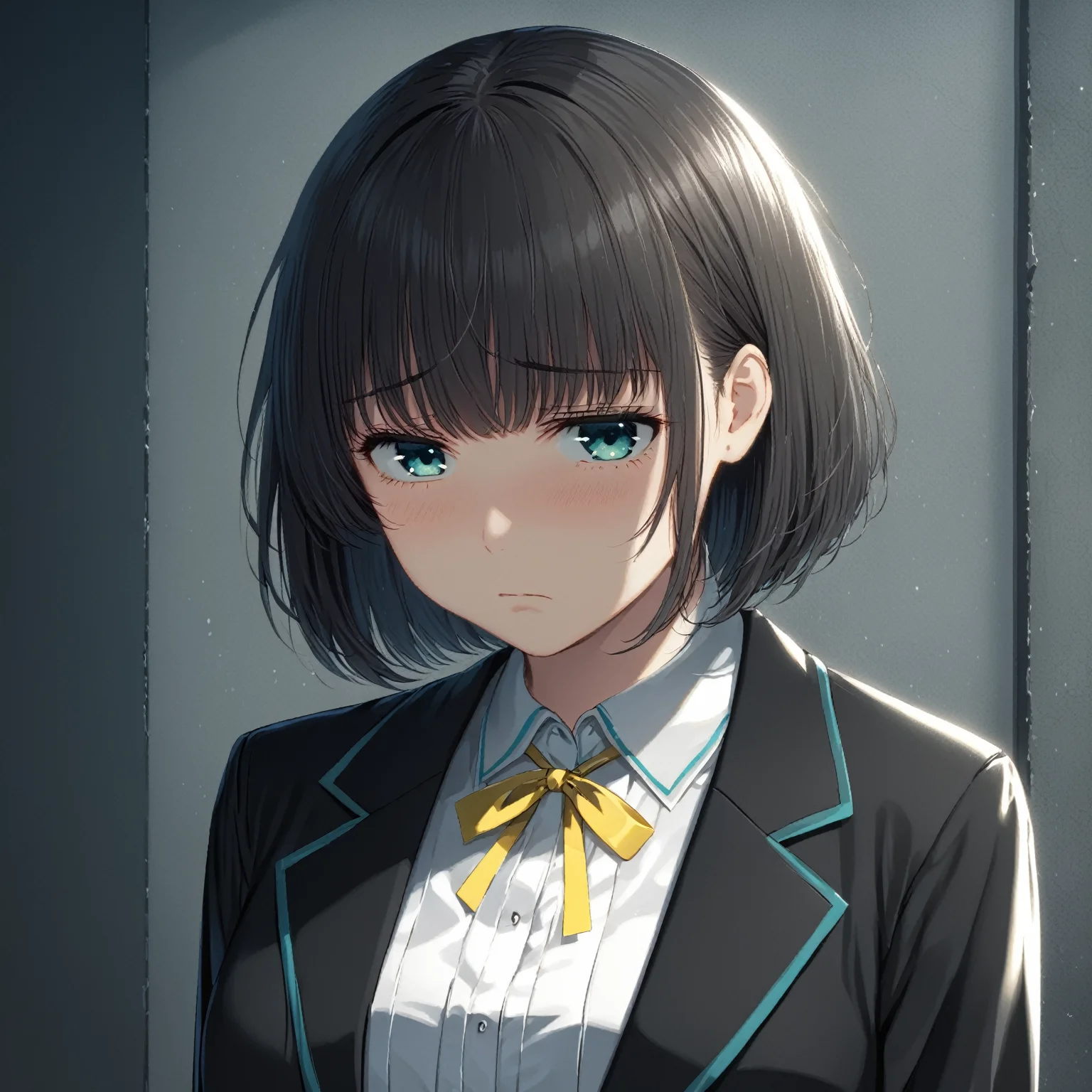 masterpiece best quality,
<lora:kana_kashiwazaki-sdxl:0.65>
 <lora:add-detail-xl:-0.8>
1girl,solo,
kanakashiwazaki, yellow ribbon, aqua eyes,
bob cut hair,
(classic clothes:1.25),
"  ",
(dark, gloomy, depressive, depressing, bleak  )