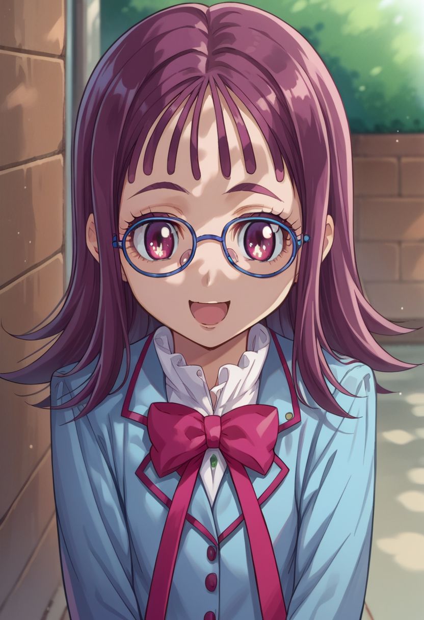 score_9, score_8_up, score_7_up, source_anime,
houjousakura, glasses, 1girl, solo, aria gakuen school uniform, open mouth, bow, smile, shirt, eyelashes