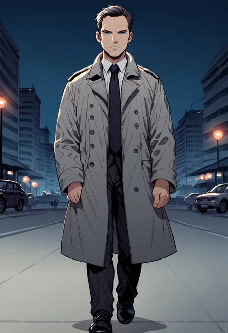 score_9, score_8, score_7, sinozick style, (city background), night, dramatic light, sketch, 1man, walking, mature, blue eyes, black trenchcoat, grey coat, black tie, white shirt, black pants, black shoes, irritated, drives a car, screencap, ((close-up))