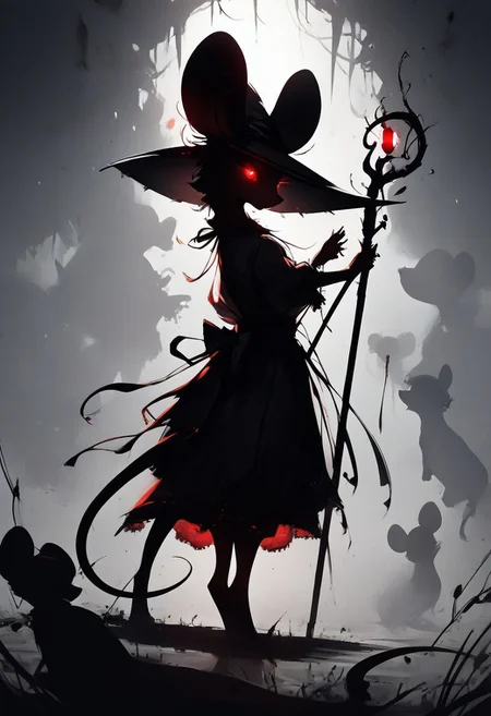 score_9,score_8_up,score_7_up,score_6_up,score_5_up,score_4_up, (((red))), backlight colors, (silhouette:2), backlighting, glowing red eyes, high contrast, vivid lighting, (((mouse))), (solo), (solo:2), furry, (feral:1.5), swamp, dress, witch hat, (holding magic staff:1.2), monochromemuse, monochrome, greyscale, rinotuna, dark aura