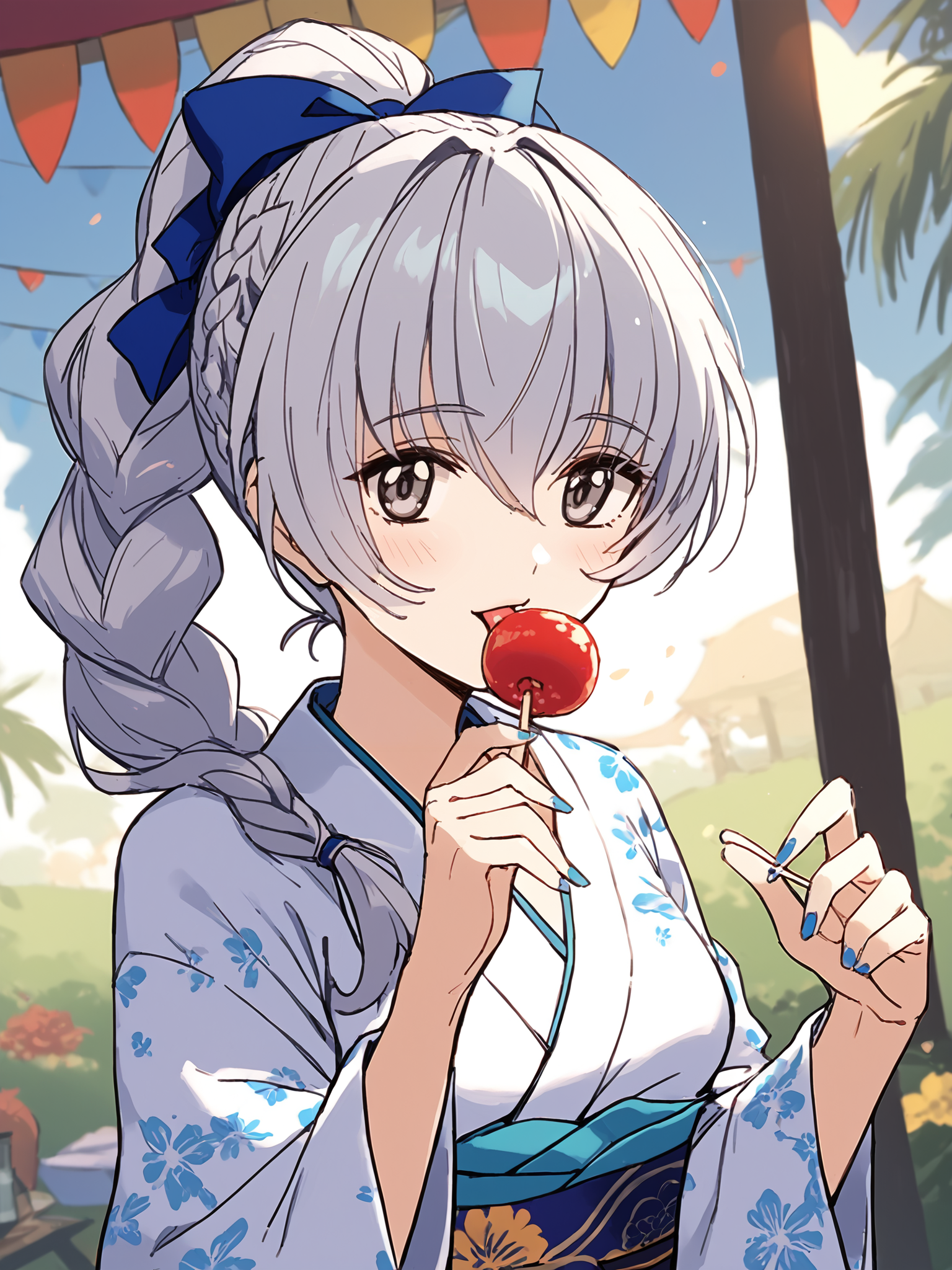 score_9, score_8_up, score_7_up, score_6_up, source_anime, BREAK
1girl, <lora:FMP_Teletha_Testarossa_Pony_v1:0.9>, (ultra-detailed:1.5), (outdoors, summer festival, japanese festival:1.5), grey hair, grey eyes, blue bow, braided ponytail, japanese clothes, (white kimono:1.5), wide sleeves, sash, blue floral print, blue obi, geta, blue nails, (holding candy apple:1.3), licking,