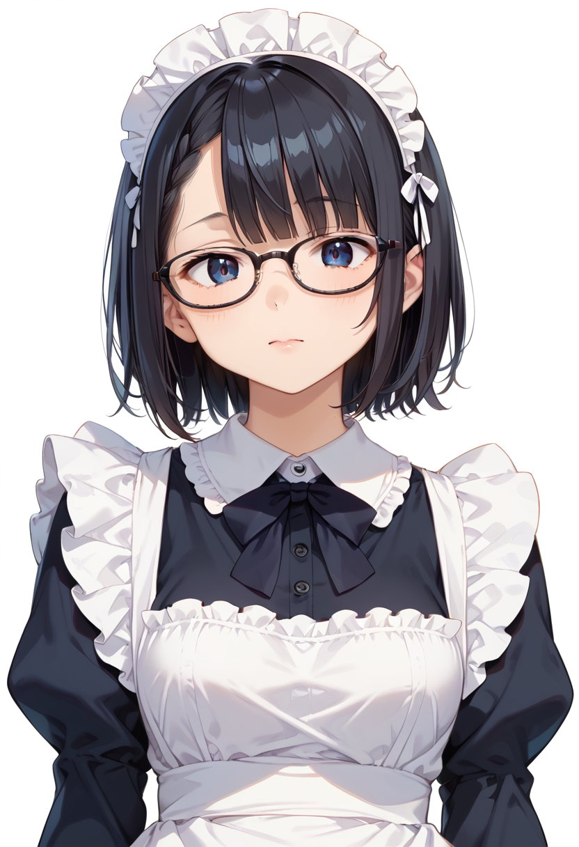 score_9, score_8_up, score_7_up, rating_safe, masterpiece, best quality, absurdres, unity 8k wallpaper, official art, official style, source_anime, uncensored, game cg, megami magazine,
1girl, solo, black hair, medium hair, upper body, covered eyes,maid, maid headdress, black dress, maid apron, face focus,
oval_cell, glasses, still life, white background, simple background, black-framed eyewear,
 <lora:glasses_OvalCell1_PONY_V1:1>