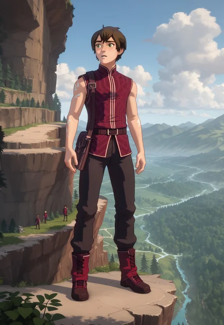 Score_9, Score_8, Score_7, TDPStyle, TDPStyle, TeCal, Red Vest, Sleeveless Vest, Red Vest, Green Eyes, White Runes on Arms, standing on cliff edge