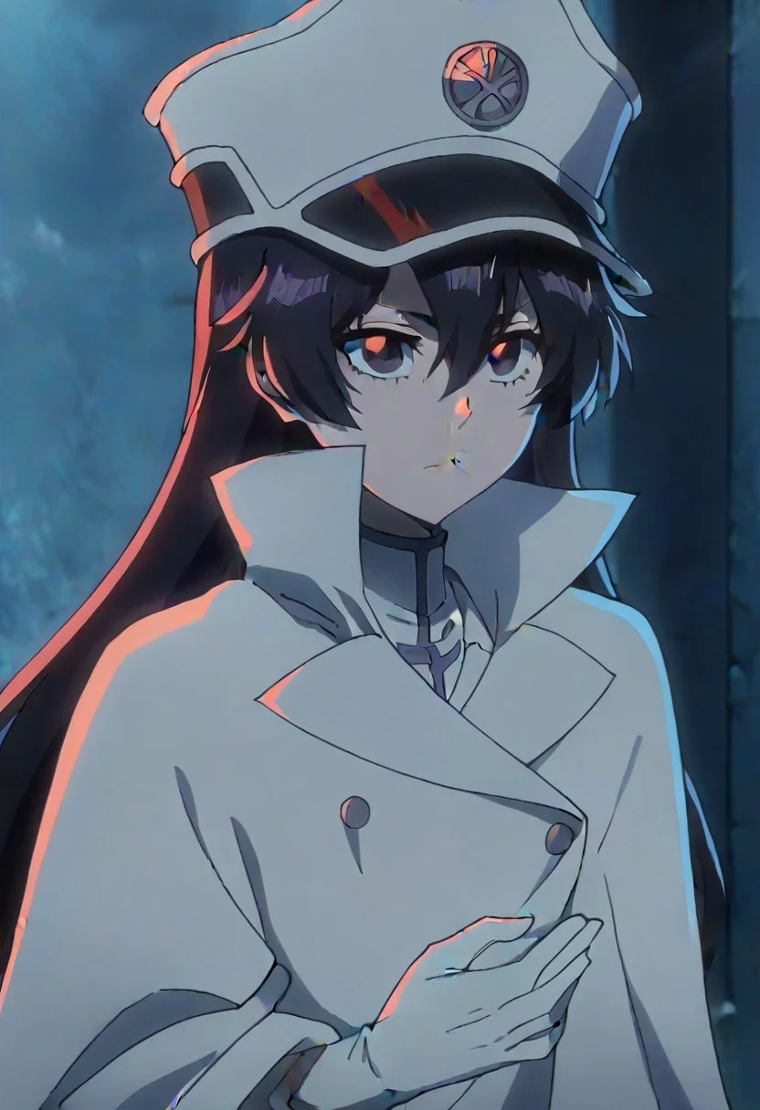 source_anime, anime screencap, anime coloring, nsfw, uncensored, <lora:Bambietta_Basterbine:1>Long hair, black hair, hair between eyes, dark purple eyes,, hat, peaked cap, white headwear, white gloves,