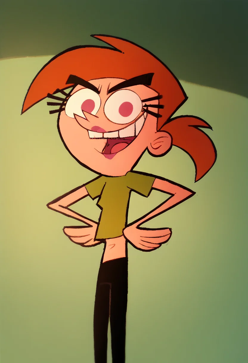 <lora:Vicky2.0:1.1>vicky, solo, smile, open mouth, standing, lipstick, midriff, ponytail, orange hair, teeth, black pants, hands on hips, green crop top, score_9, score_8_up, score_7_up, score_6_up, score_5_up, score_4_up, looking at viewer,