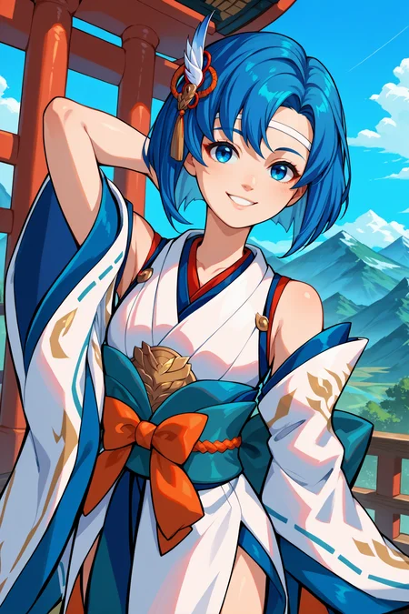 score_9, score_8_up, score_7_up, score_6_up, source_anime, 1girl, solo, <lora:fecatria-pdxl-nvwls-v1-000006:1> wndCtra, blue hair, medium hair, blue eyes, white headband, japanese clothes, sash, white kimono, bare shoulders, wide sleeves, looking at you, blue sky, mountains, smile, arm up
