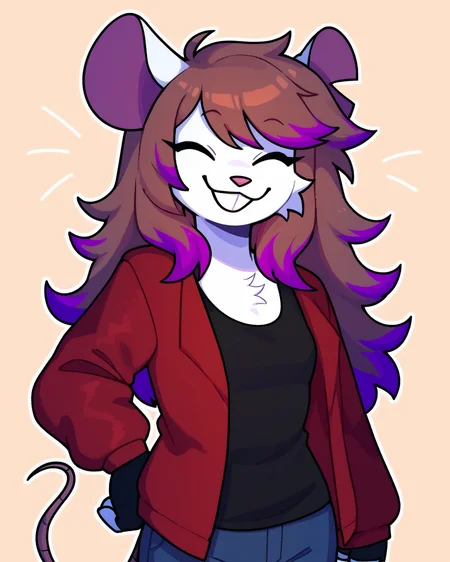 score_9_up, score_8_up, score_7_up, score_6_up, half-length portrait, female, brown hair, multicolored hair, purple highlights, eyes closed, mouse, white fur, small breasts, furry, red jacket, black tank top, black jeans, fingerless gloves, happy, smile, grin, head tilt, solo, three-quarter view, simple background, white outline, <lora:Leah_Pines(AIM)_XL_v1:0.15> <lora:PDXL_artist_tags_v2_big:0.5> <lora:The-Minuscule-Task_PDXL_v1.0:0.6> <lora:Millie_justm1llie:0.7>